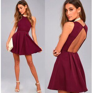 Lulus | Party Hop Burgundy Backless Skater Dress w/ Pockets	| Size Medium